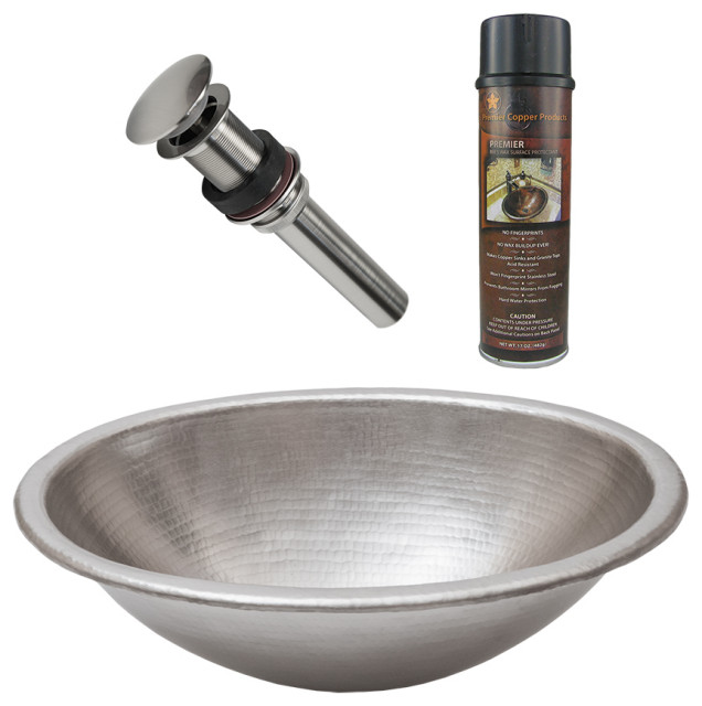 19" Oval Self Rimming Hammered Copper Nickel Sink, Drain & Accessories