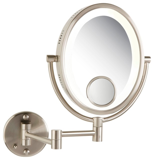 Modern Nickel Wall Mounted Lighted Make Up Mirror, Hard Wire