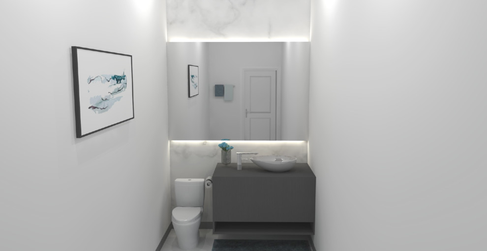 Design ideas for a small modern powder room in Vancouver with medium wood cabinets, white tile, ceramic tile, white walls, ceramic floors and wood benchtops.