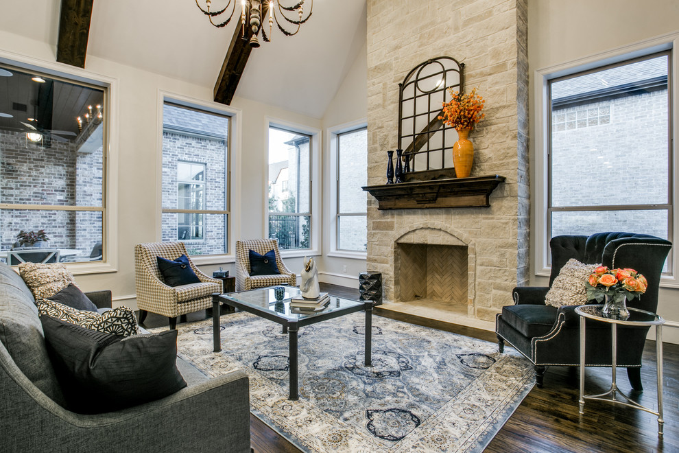 Design ideas for a transitional formal open concept living room in Dallas with dark hardwood floors, a standard fireplace, a stone fireplace surround and no tv.