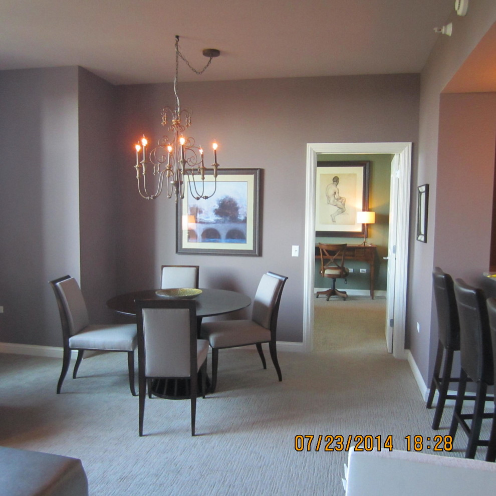 Great room - small transitional carpeted great room idea in Chicago with purple walls