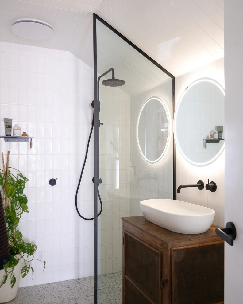 Inspiration for a small scandi ensuite bathroom in Perth with freestanding cabinets, dark wood cabinets, a walk-in shower, a one-piece toilet, white tiles, porcelain tiles, porcelain flooring, a vessel sink, wooden worktops, an open shower, brown worktops, a wall niche, a single sink, a freestanding vanity unit, exposed beams and tongue and groove walls.