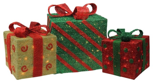 Lighted Sisal Gift Boxes Christmas Yard Decor 3 Piece Set