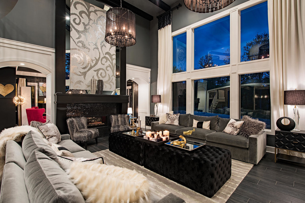 Inspiration for an expansive transitional formal enclosed living room in Cleveland with a tile fireplace surround, black walls, a ribbon fireplace, black floor, vinyl floors and no tv.
