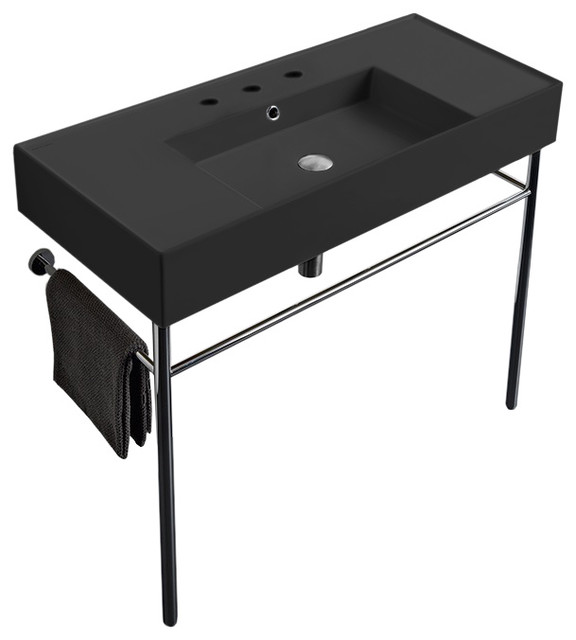 Matte Black Ceramic Console Sink and Polished Chrome Stand