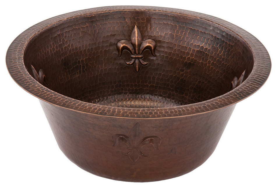 16" Round Copper Prep Sink With Fleur De Lis and 3.5" Drain Opening