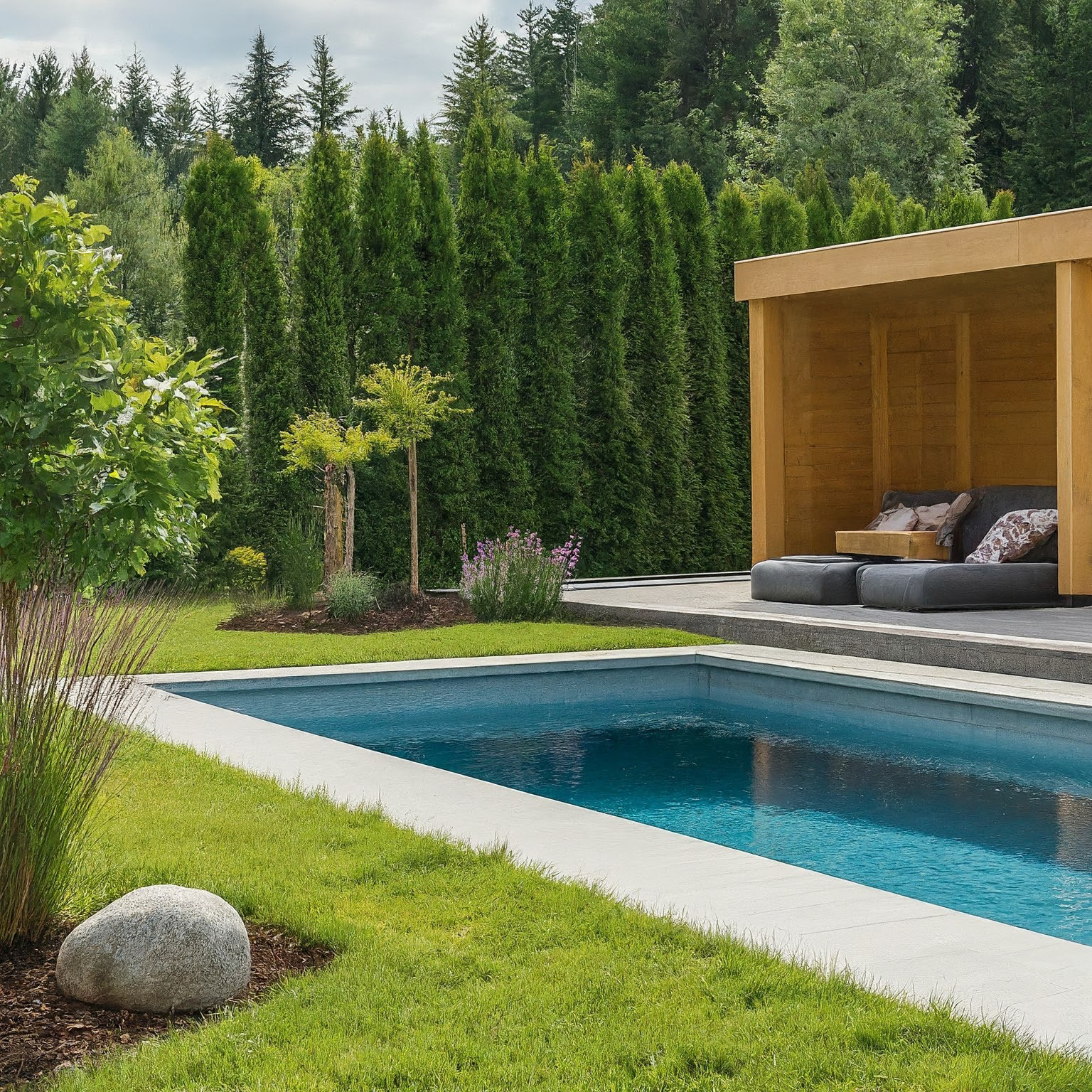 Проект зоны отдыха в частном саду с бассейном