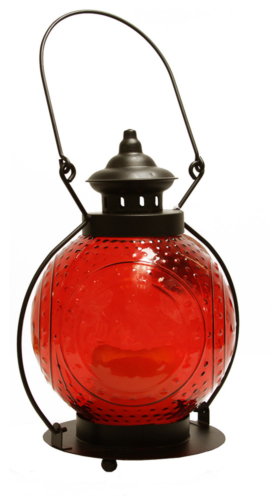 Molded Glass Lantern With Flameless LED Pillar Timer Candle, Red, 11"