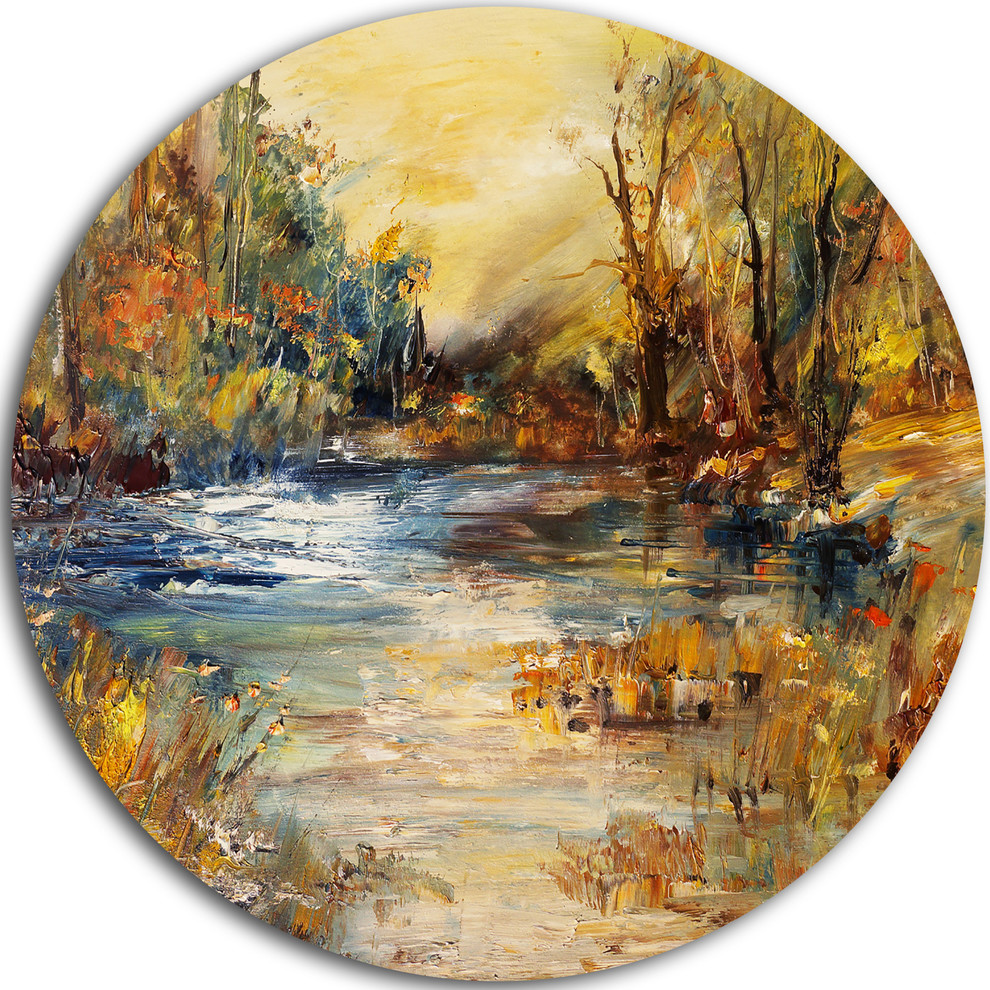 Stream In Forest Oil, Landscape Disc Metal Artwork - Contemporary