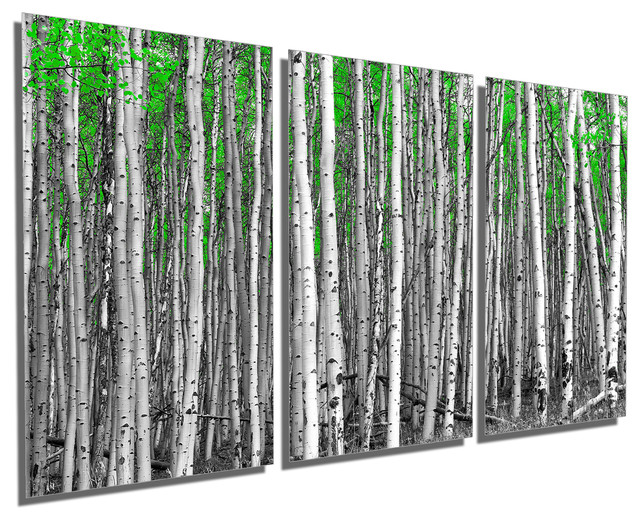 White Aspen, Birch Trees, Green Leaves, 3Panel Metal Print Wall Art