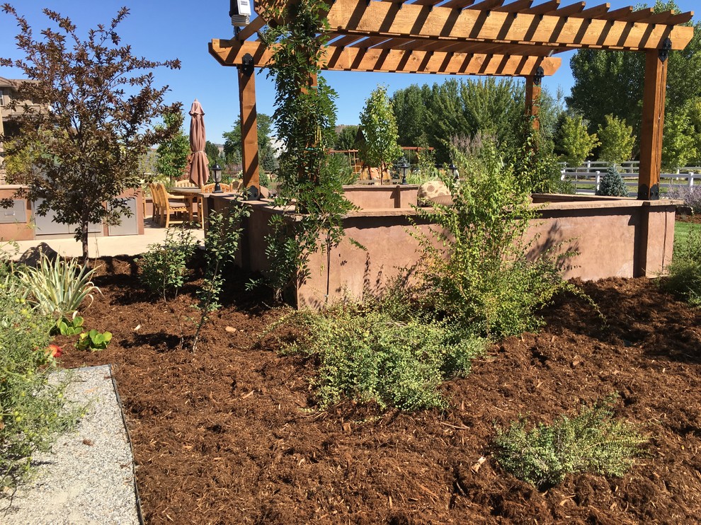 This is an example of a large traditional backyard full sun xeriscape in Denver with mulch.