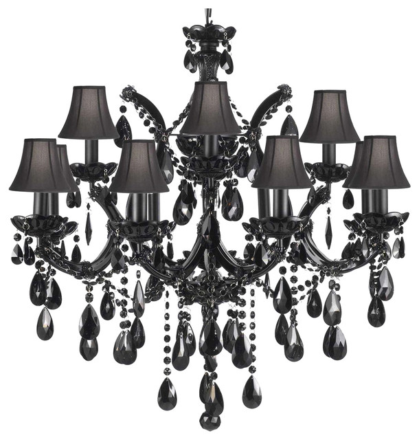 Jet Black Crystal Chandelier With Black Shades Traditional