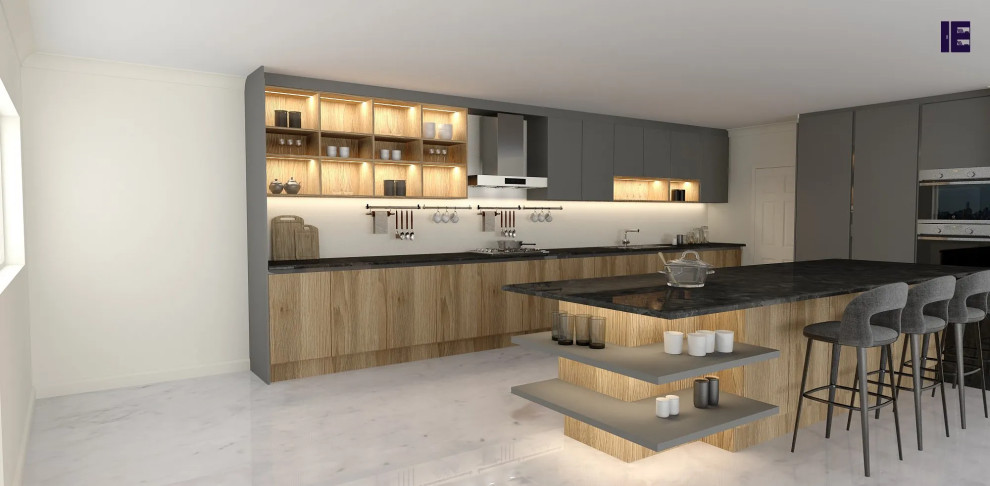 Design ideas for a large contemporary galley eat-in kitchen in London with a single-bowl sink, flat-panel cabinets and dark wood cabinets.
