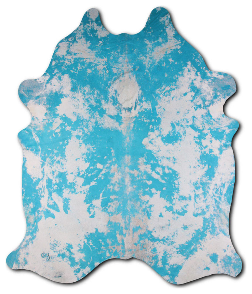 ACID WASHED HAIR ON Cowhide Rug DE DISTRESSED ACQUA BLUE, 5'x7' to 6'x8
