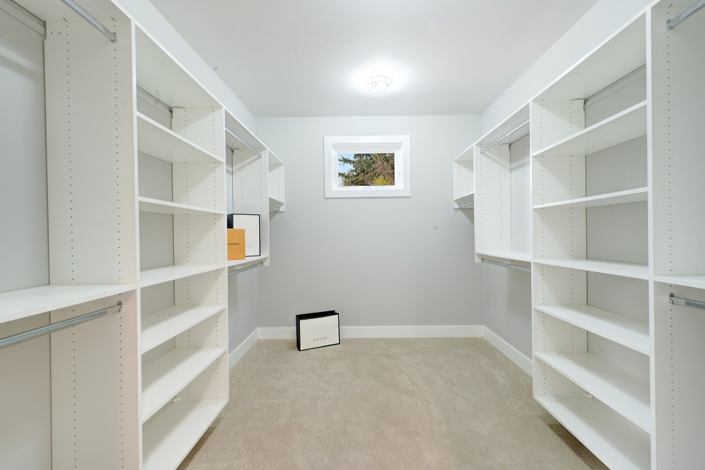 Idee per una grande cabina armadio unisex minimalista con nessun'anta, moquette e pavimento beige