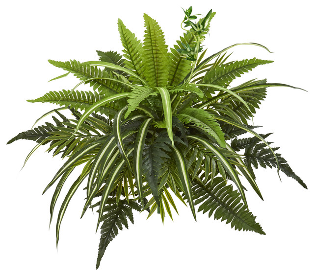 22" Mixed Greens and Fern Artificial Bush Plant, Set of 3 Artificial