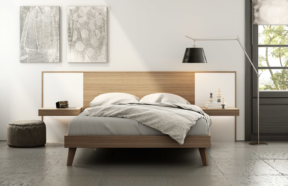 Design ideas for a mid-sized scandinavian master bedroom in Huntington with white walls, ceramic floors, no fireplace and grey floor.