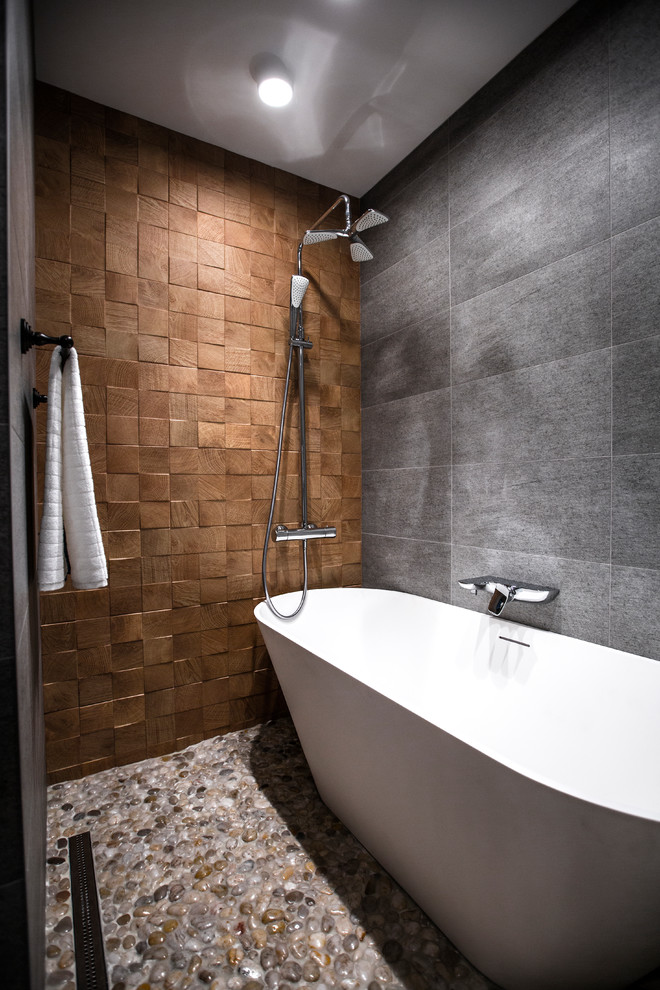 Contemporary bathroom in Moscow with a freestanding tub.