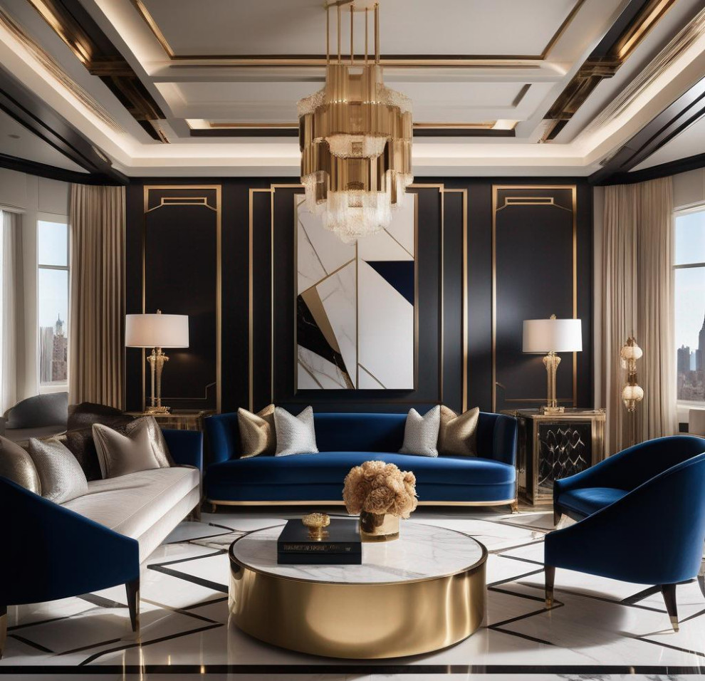Inspiration for an expansive traditional loft-style living room in New York with blue walls, marble floors, white floor, vaulted and decorative wall panelling.