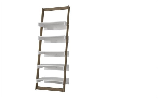 Mid Century Modern Ladder Bookcase 5 Shelf White Oak