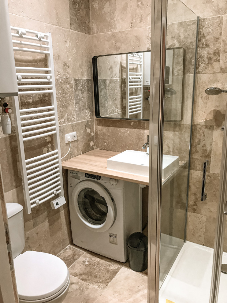 Small contemporary 3/4 bathroom in Nice with open cabinets, a one-piece toilet, beige tile, travertine, beige walls, travertine floors, a vessel sink, laminate benchtops, beige floor, beige benchtops, a single vanity and a hinged shower door.