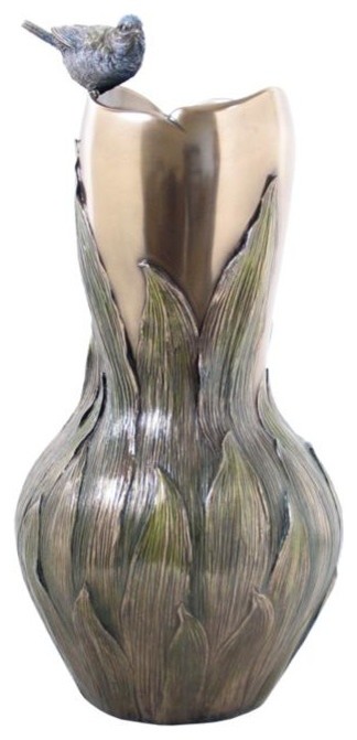 13 Inch Tall Polished Bronzehue Vase Tit Bas Relief Leaves