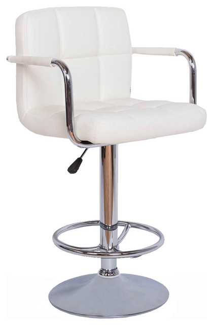 Contemporary White Quilted Vinyl Adjustable Height Bar Stool, Arms, Chrome Base - Contemporary 