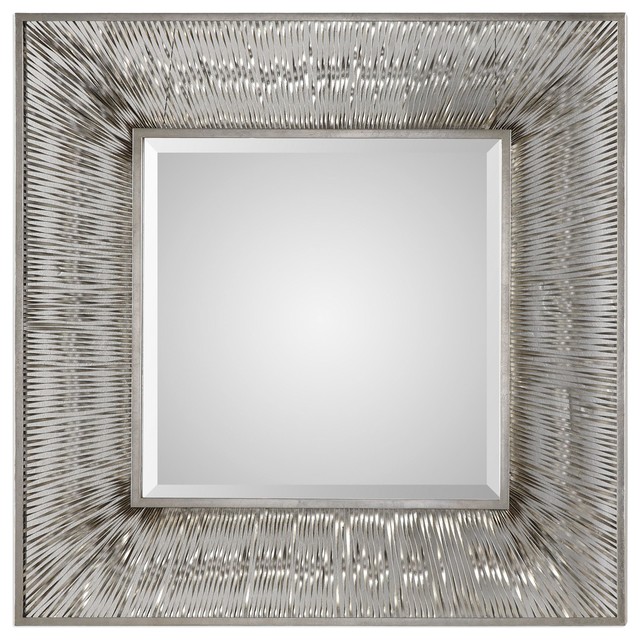 Luxe Retro Silver Metal Strips Wall Mirror 38 Square Vanity Luxe Retro Silver Metal Strips Wall Mirror 38 Square Vanity