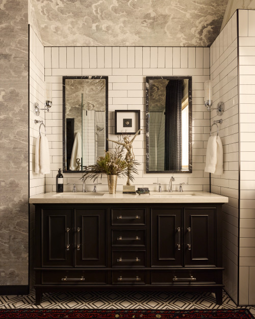 Traditional bathroom with Black Bathroom Cabinets, white subway tile walls, dual mirrors, and classic chrome fixtures