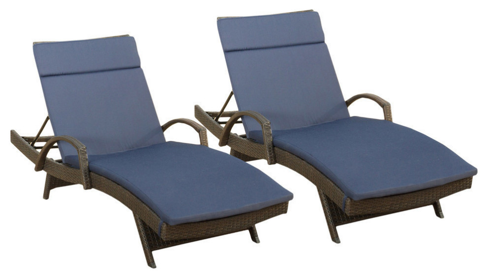 GDF Studio Ann Outdoor Wicker Chaise Lounge, Navy Blue Cushion, Set of 2 Tropical Outdoor
