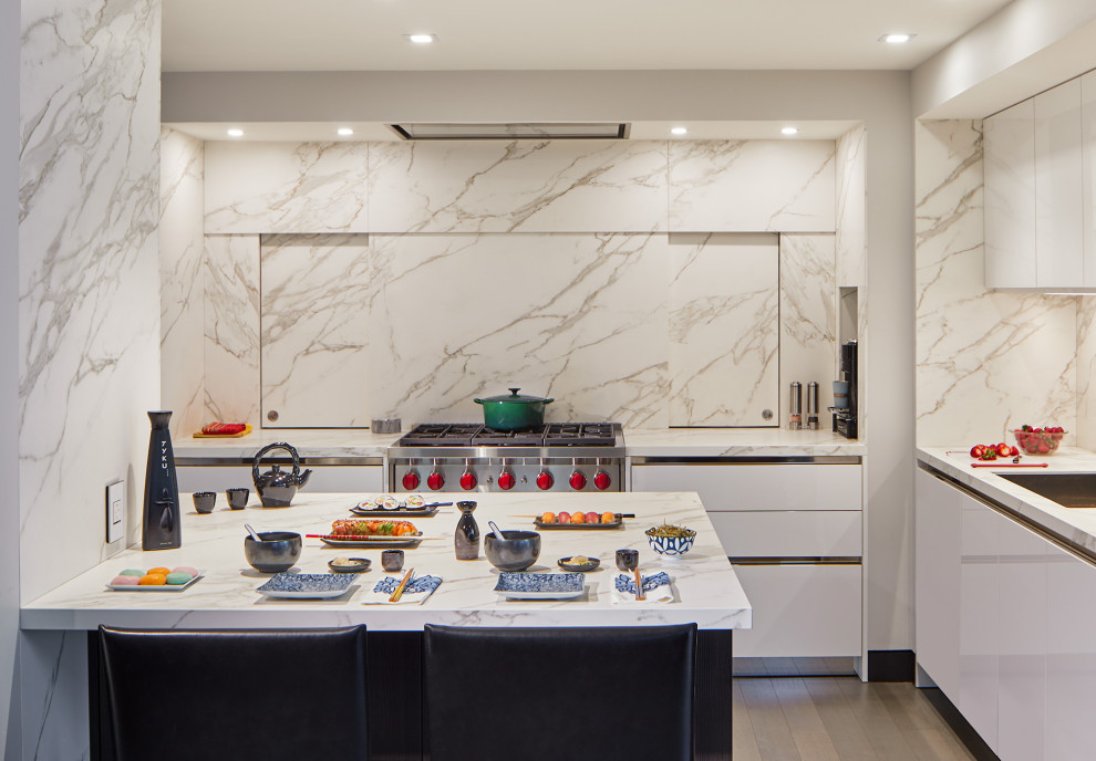Moderne Küche mit Unterbauwaschbecken, Küchengeräten aus Edelstahl, grauem Boden und weißer Arbeitsplatte in Washington, D.C.