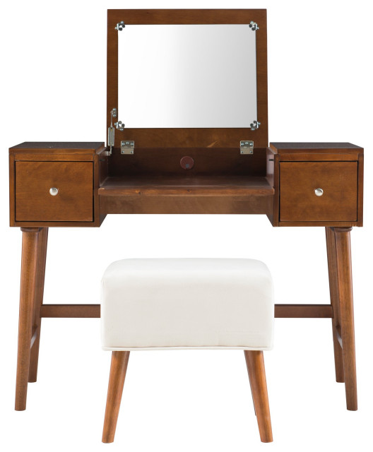Retro Modern Vanity Set, Comfortable Cushioned Stool & Flip Up Mirror