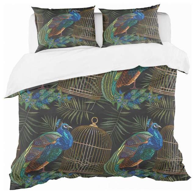 Tails Of Peacocks And Birds Cage Farmhouse Duvet Cover Set