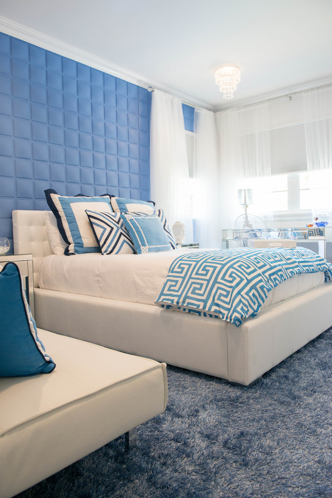 Design ideas for a contemporary bedroom in New York with blue floor.