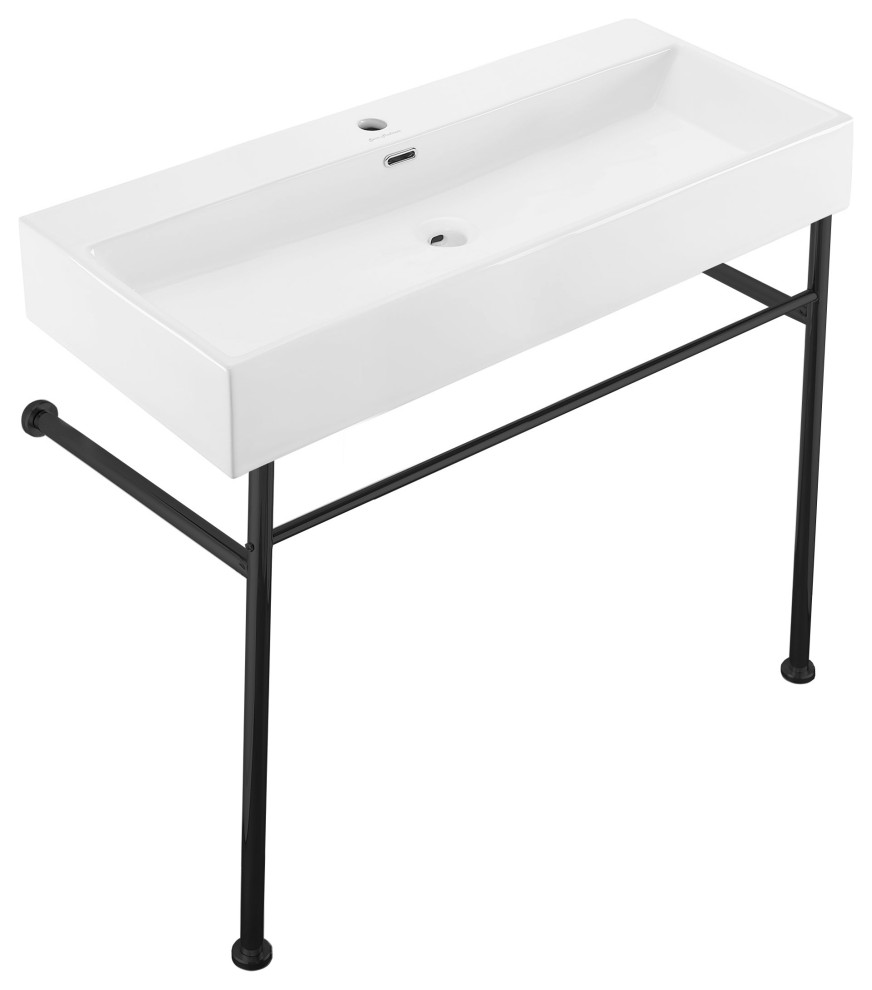 Claire 40 Ceramic Console Sink White Basin Black Legs Transitional