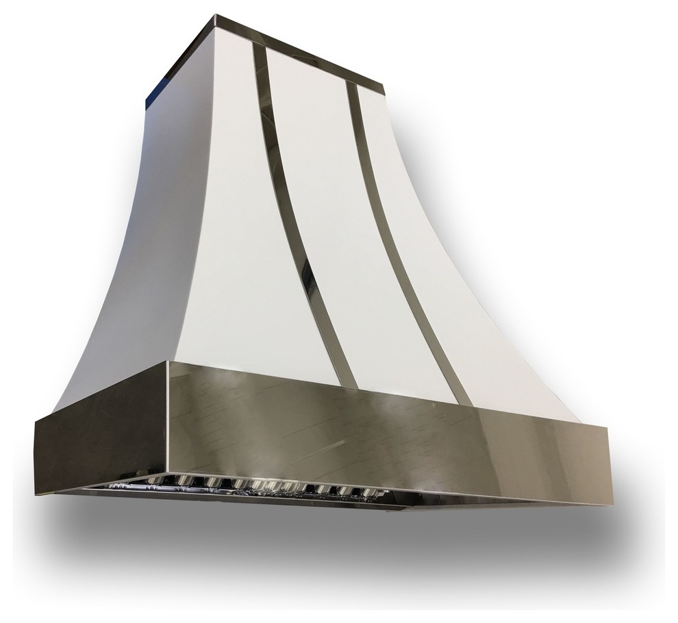 White Powder Coated Range Hood With Mirrored Crown, Straps, 54"