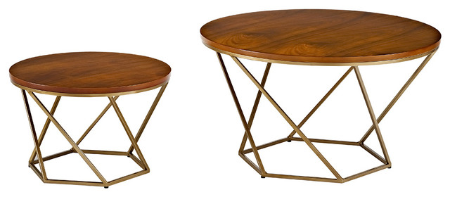 Geometric Wood 2 Piece Nesting Coffee Table Set Industrial Geometric Wood 2 Piece Nesting Coffee Table Set Walnut Gold