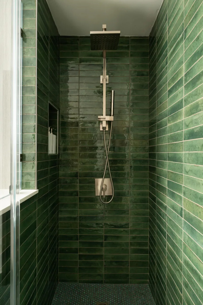 Transitional 3/4 porcelain tile, turquoise floor, single-sink and wallpaper corner shower photo in Orange County with flat-panel cabinets, brown cabinets, white walls, an undermount sink, quartz countertops, a hinged shower door, white countertops, a niche and a built-in vanity