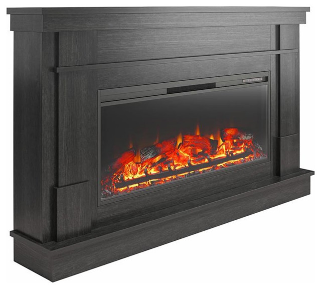 Ameriwood Home Elmcroft Wide Mantel with Linear Electric Fireplace in Black Oak