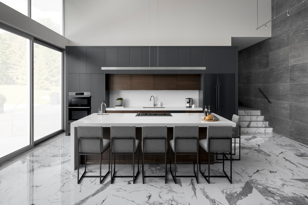 Inspiration for an expansive modern single-wall eat-in kitchen in Toronto with an undermount sink, flat-panel cabinets, black cabinets, quartz benchtops, white splashback, stone slab splashback, black appliances, marble floors, multiple islands, grey floor and white benchtop.