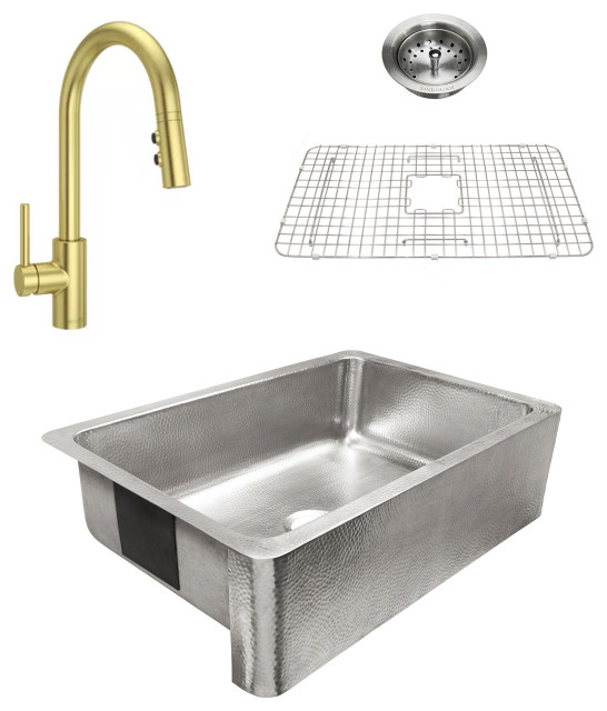 Percy 32" Farmhouse Brushed Stainless Single Bowl Kitchen Sink Kit, Gold Faucet