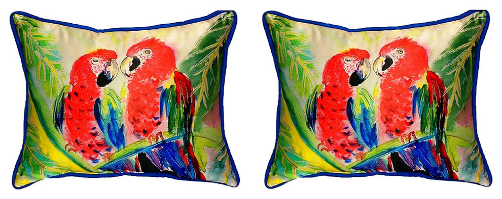 Pair of Betsy Drake Two Parrots Small Pillows 11 Inch X 14 Inch
