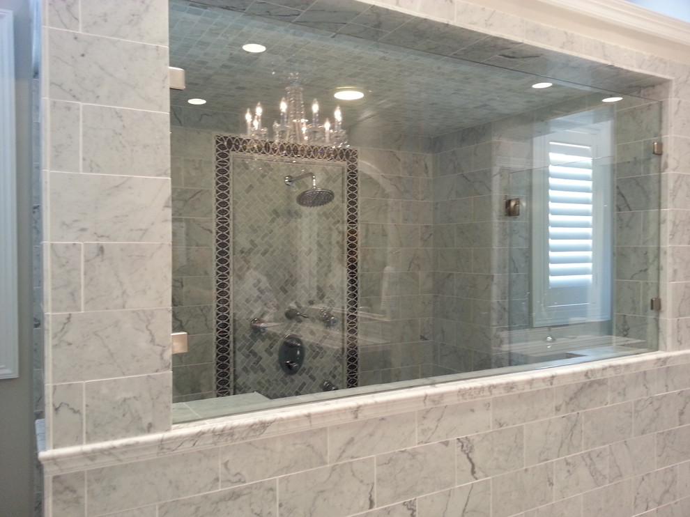 Design ideas for a large traditional master bathroom in Austin with marble benchtops, a double shower, gray tile, stone tile, grey walls and marble floors.