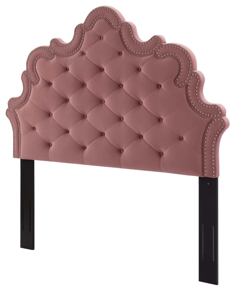 Tufted Headboard, Nailhead, Full Queen, Charcoal Velvet, Modern