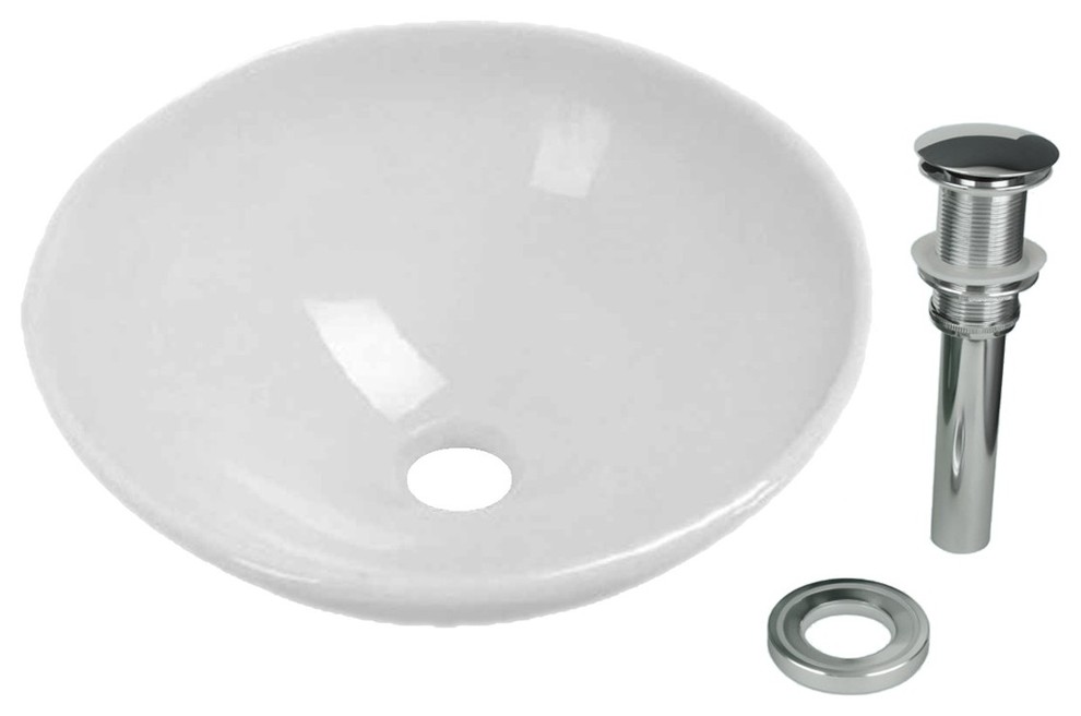 White Tempered Glass Vessel Sink With Drain, Single Layer Round Bowl Sink