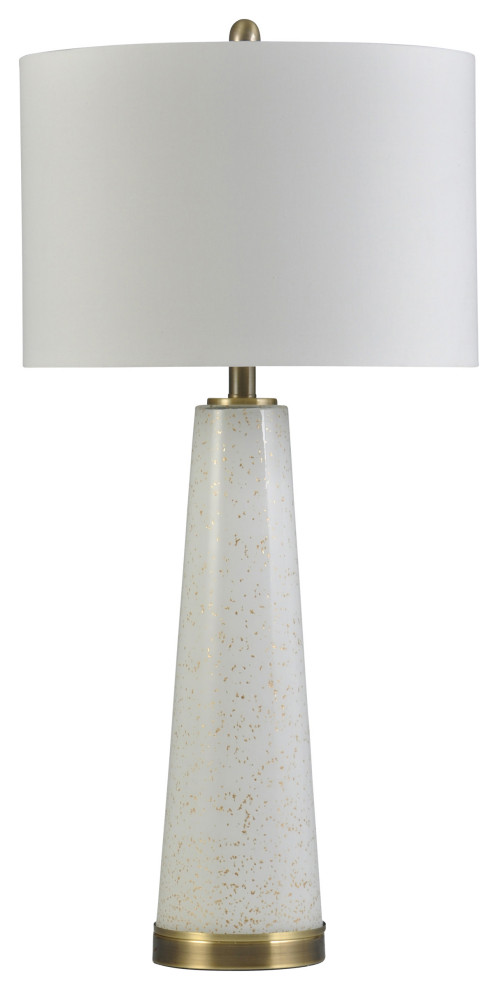 Tasia, Glass and Metal Pillar Table Lamp with Drum Shade, White With Gold Flecks