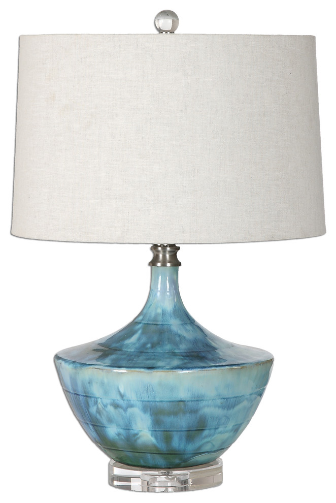 Tie Dyed Blue Ceramic Mid Century Table Lamp, Art Pottery Beige