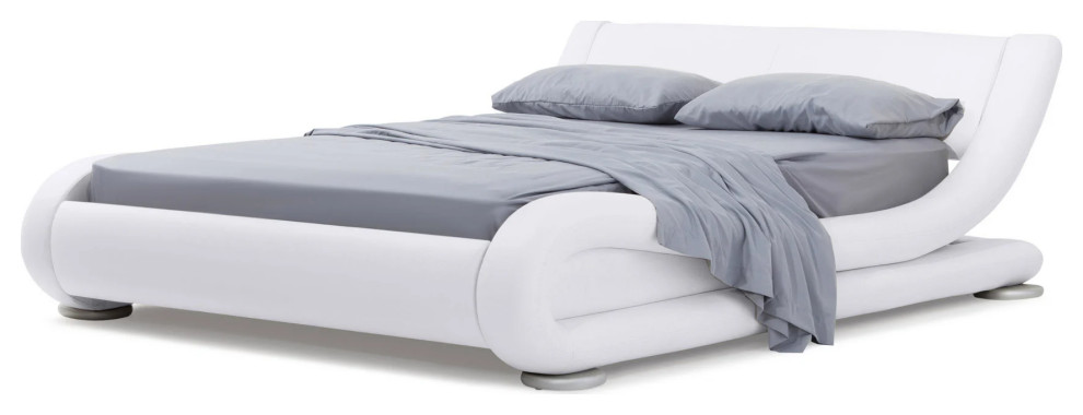 Modern White Leather Platform Marlo Bed, Hera Genuine White Leather Platform Bed With Adjustable Headrests King
