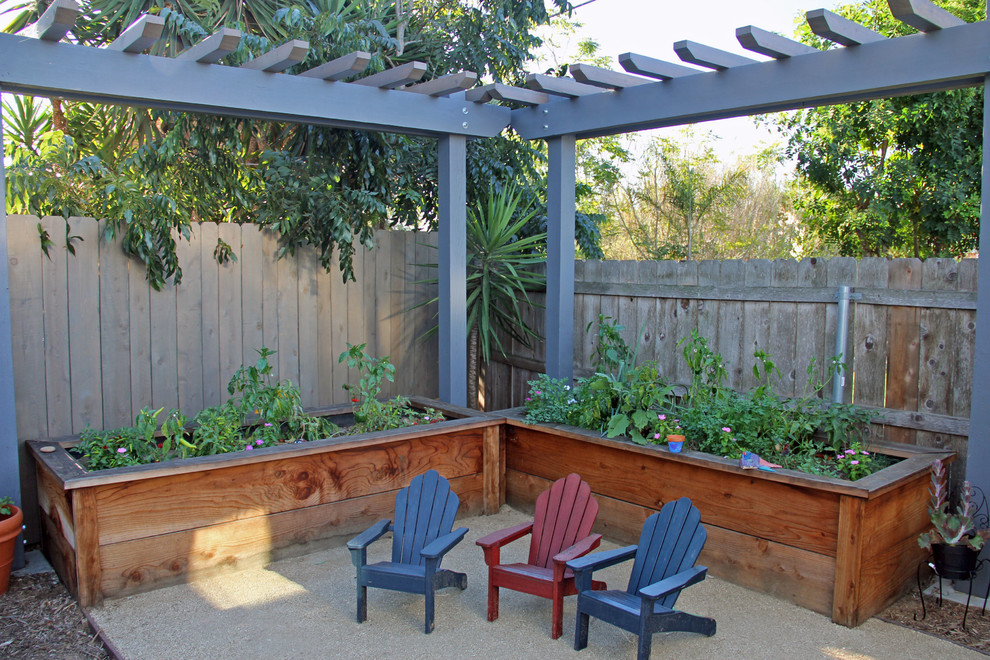 Inspiration for a mid-sized beach style backyard full sun formal garden for spring in San Diego with a vegetable garden, decomposed granite and a wood fence.