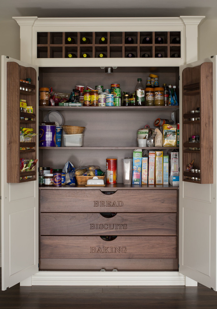 Photo of a traditional kitchen pantry in Dublin with white cabinets and dark hardwood floors.